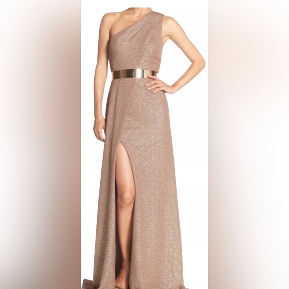 David Meister gold, metallic off the shoulder ruched long dress size 6